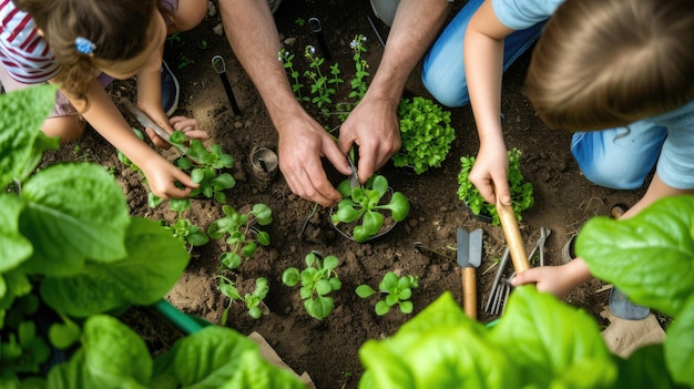 Una mujer y niñas están plantando plantas en un jardín AIG41