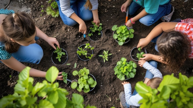Una mujer y unas niñas están plantando plantas en un jardín