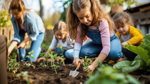 Una mujer y unas niñas están plantando plantas en un jardín