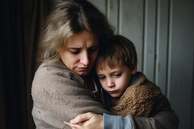 Foto una mujer y un niño abrazándose y un suéter marrón