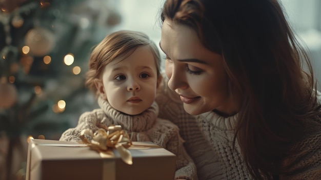 Foto mujer y niño abren la caja de regalos y revelan una sorpresa alegre momento de desempaquetar el regalo para el día de la madre