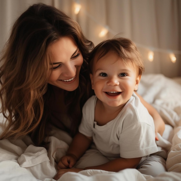 Mujer y un niño acostados juntos en una cama