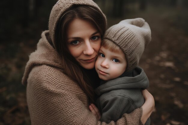 Una mujer y un niño en un bosque.