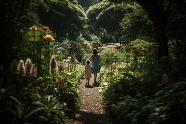 Una mujer y un niño caminan por un jardín con flores al fondo.