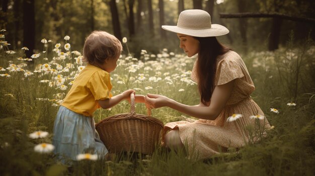 Una mujer y un niño en un campo de flores.