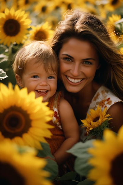 Mujer con un niño en un campo de girasoles