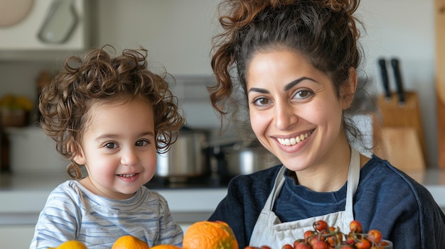 Mujer y niño con una canasta de frutas