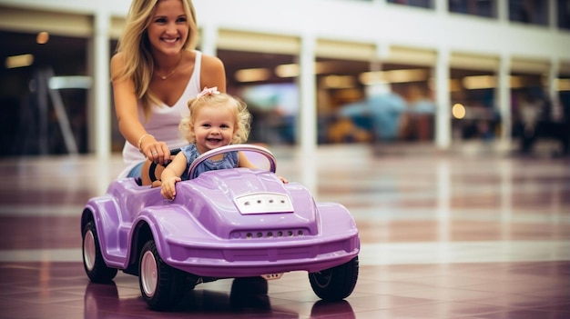 una mujer y un niño en un coche de juguete morado