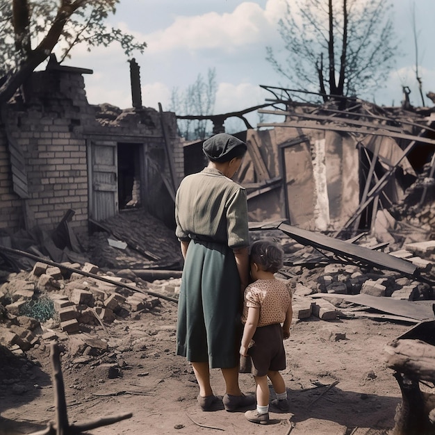 Una mujer con un niño está de pie cerca de una casa destruida guerra de desastres naturales del terremoto