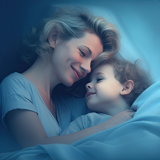 Una mujer y un niño están acostados juntos en la cama.