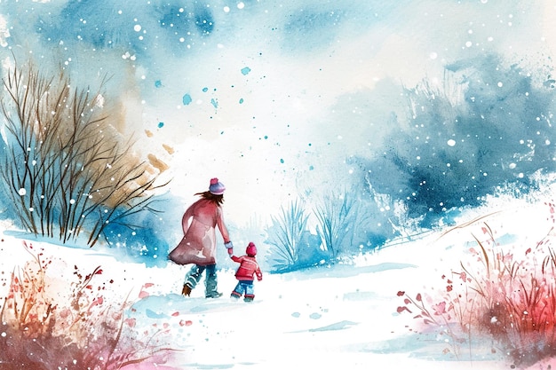 Foto una mujer y un niño están caminando en la nieve con una casa en el fondo