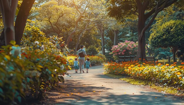 Una mujer y un niño están caminando por un parque con muchas flores