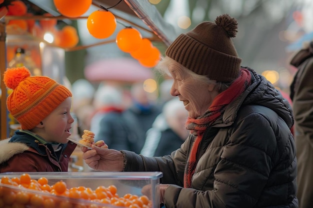 una mujer y un niño están comiendo naranjas