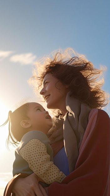 Una mujer y un niño están parados frente a un sol brillante.