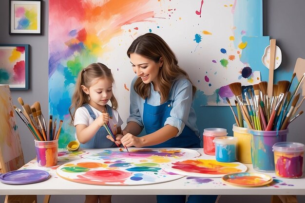 una mujer y un niño están pintando con pintura en ellos