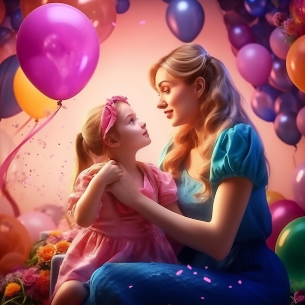 Una mujer y un niño están sentados en una habitación con globos y la palabra "feliz cumpleaños".