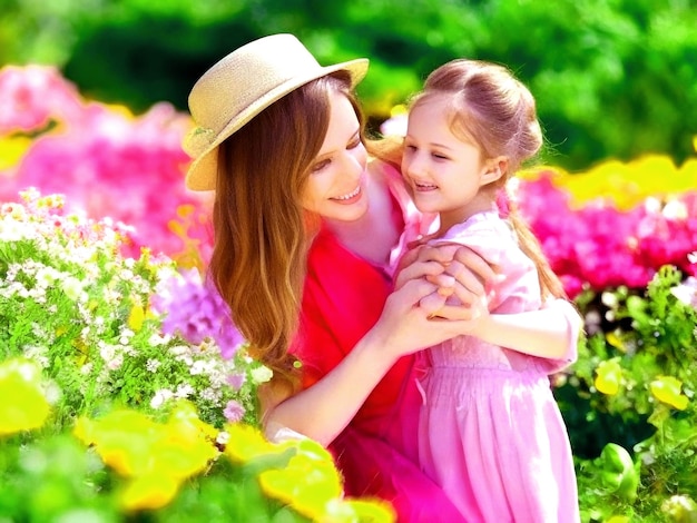 una mujer y un niño están sonriendo en un jardín