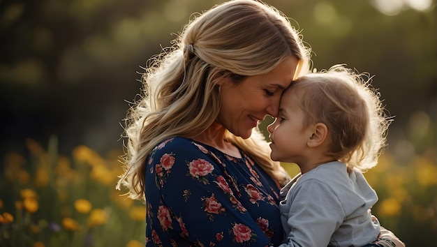 Foto una mujer y un niño se están sosteniendo el uno al otro frente a un campo de flores