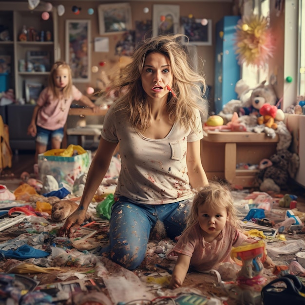 Foto mujer y niño en una habitación desordenada