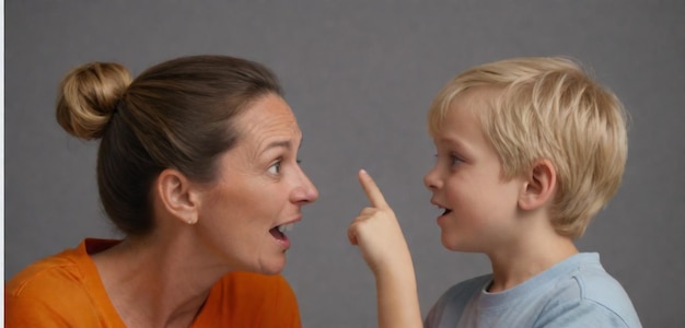 Foto una mujer y un niño hablando entre sí uno apuntando a algo