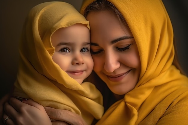 Una mujer y un niño con hiyab amarillo.