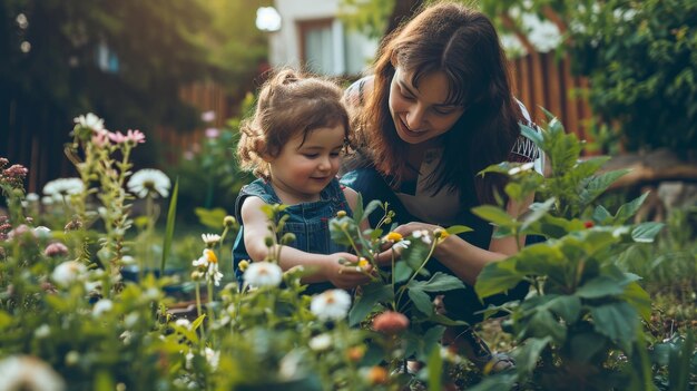 Mujer y niño en un jardín lleno de flores Día de la Madre