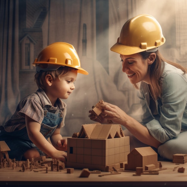 una mujer y un niño jugando con un edificio de ladrillos