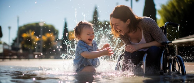 Foto una mujer y un niño jugando en una fuente