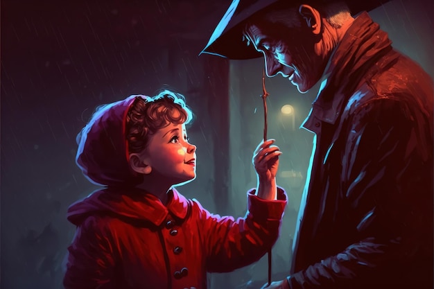 Mujer y niño bajo la lluvia La mujer le da un paraguas al niño bajo la lluvia Pintura de ilustración de estilo de arte digital