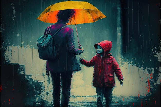 Mujer y niño bajo la lluvia La mujer le da un paraguas al niño bajo la lluvia Pintura de ilustración de estilo de arte digital