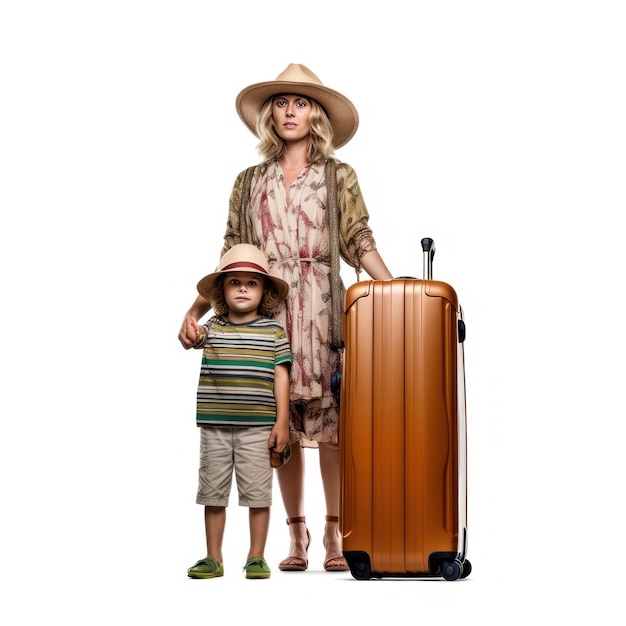 Una mujer y un niño con una maleta y un sombrero que dice "viajar".