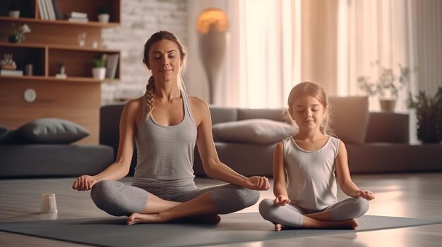 Una mujer y un niño meditando en una sala de estar