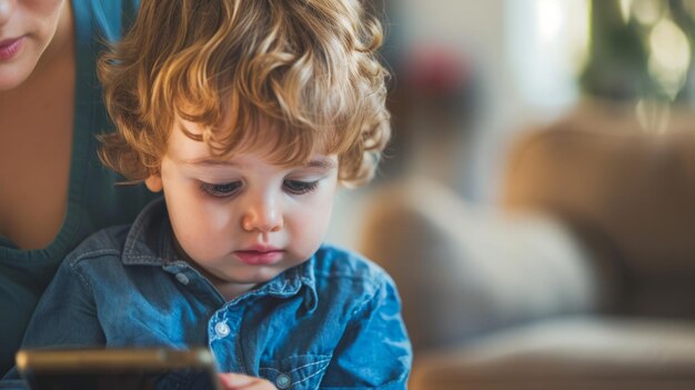 Mujer y niño mirando el teléfono celular