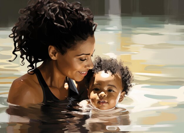 Mujer y niño nadando en una piscina cubierta