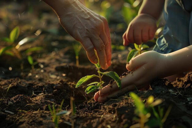 Foto mujer y niño plantando plántulas para reducir el calentamiento global