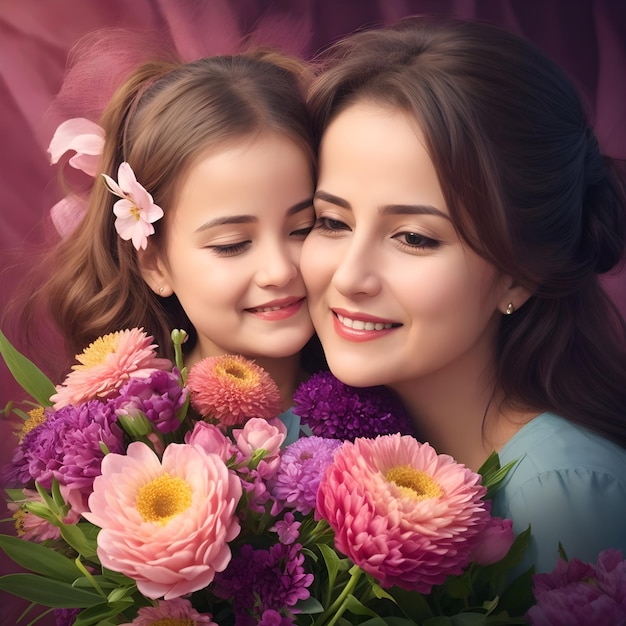 una mujer y un niño posan con flores Feliz Día de la Madre