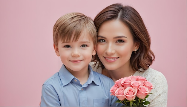 una mujer y un niño posando con un ramo de rosas