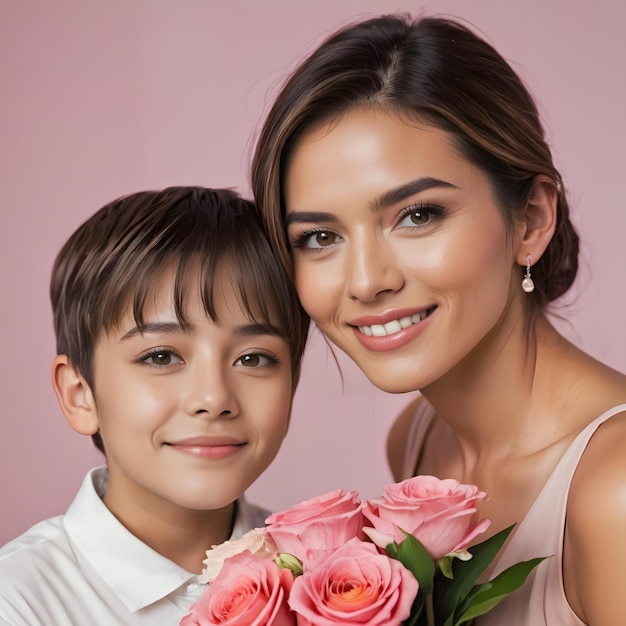 una mujer y un niño posando con un ramo de rosas