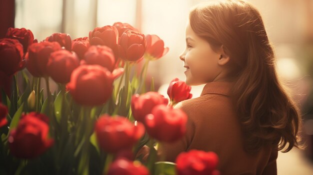 Mujer y niño con un ramo de flores Concepto de vacaciones familiares de primavera Día de la Mujer