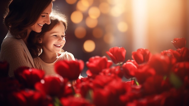 Mujer y niño con un ramo de flores Concepto de vacaciones familiares de primavera Día de la Mujer