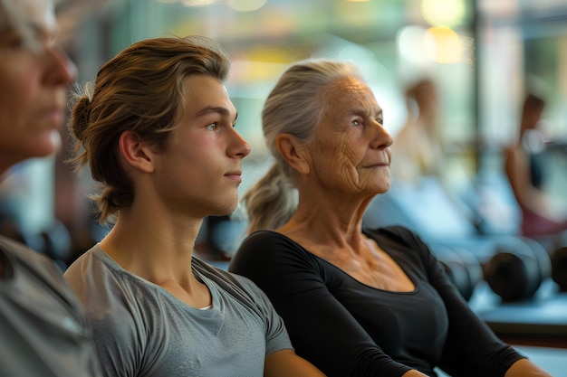 Una mujer y un niño sentados uno al lado del otro en un gimnasio con otras personas en el fondo