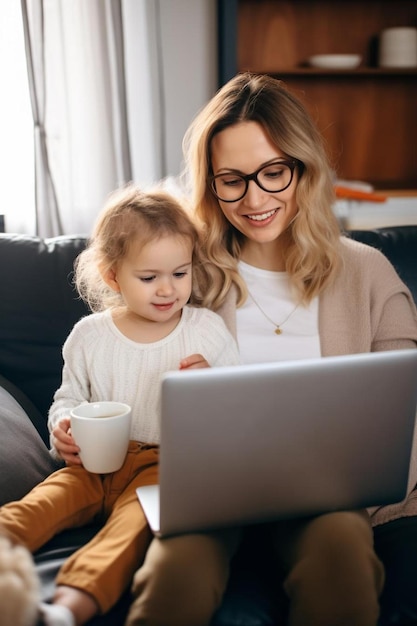 una mujer y un niño sentados en un sofá con una computadora portátil