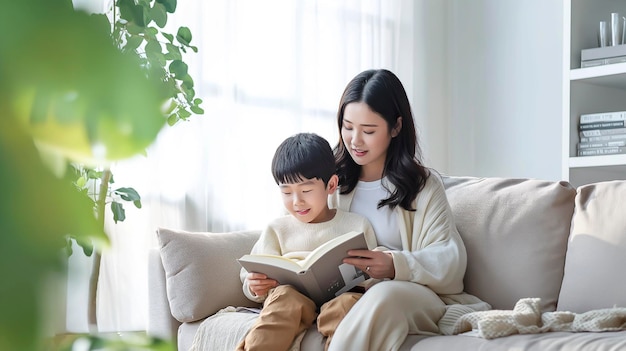 Mujer y un niño sentados en un sofá leyendo un libro Niño feliz aprendiendo