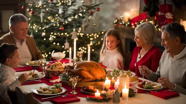 una mujer y un niño se sientan en una mesa con un pavo y un pavo