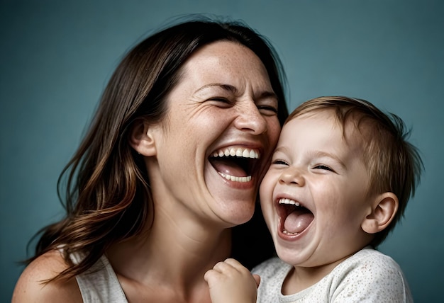 una mujer y un niño sonriendo y riendo