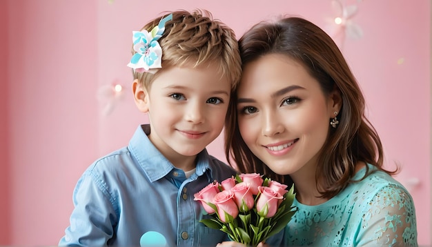 una mujer y un niño sosteniendo flores y sonriendo