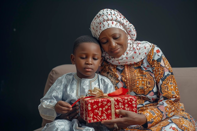 Foto la mujer y el niño sosteniendo el regalo