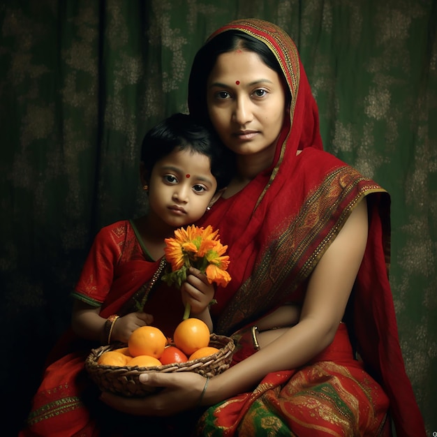 Una mujer y un niño sostienen una canasta con naranjas.