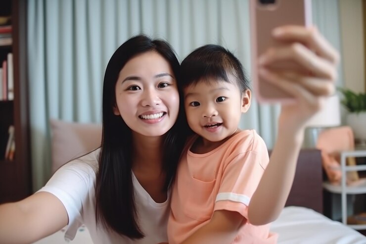 Mujer, niño y teléfono para selfie en la sala de estar con una sonrisa alegre, paz y unión