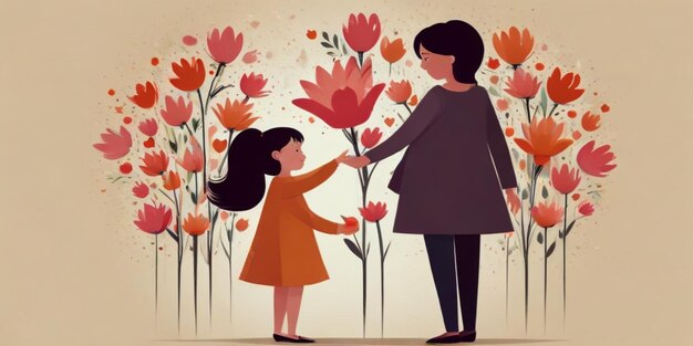 una mujer y un niño se toman de la mano con una mujer que sostiene flores